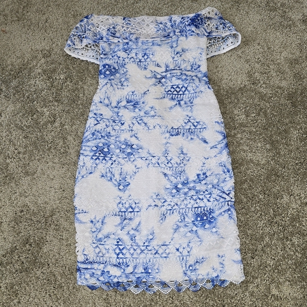 Lipsy White and Blue Lace Off-Shoulder Bodycon Dress